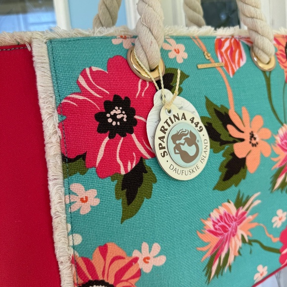 NWT Spartina 449 Boho Beach Tote Linen & Leather Floral - Picture 4 of 15